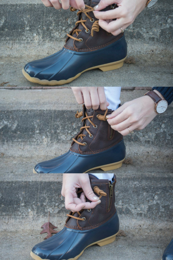 How To Tie Duck Boot Laces - Thrifty Pineapple  How to tie duck boot laces,  Lace boots, Styling duck boots